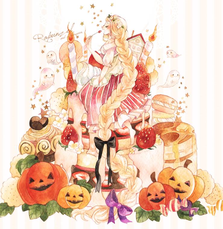 original, girl, watercolor, original 1000+ bookmarks, jack-o'-lantern, halloween