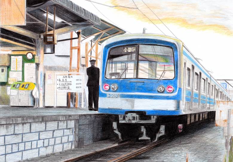 railway, traditional, color pencil, railway station, train, scenery