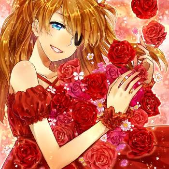 笑って|都丸たまる的玫瑰花与少女插画图片