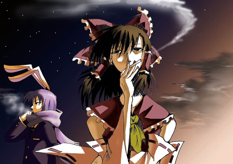 udonge, reimu, cigarette, Touhou Project, girl smoking