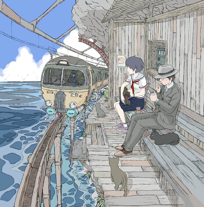 海沿いモノレール|aoi的电车风景插画图片