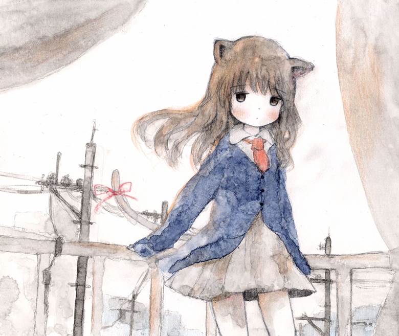 绀色の上着を着る猫|夏目ノ木次郎的蝴蝶结少女插画图片