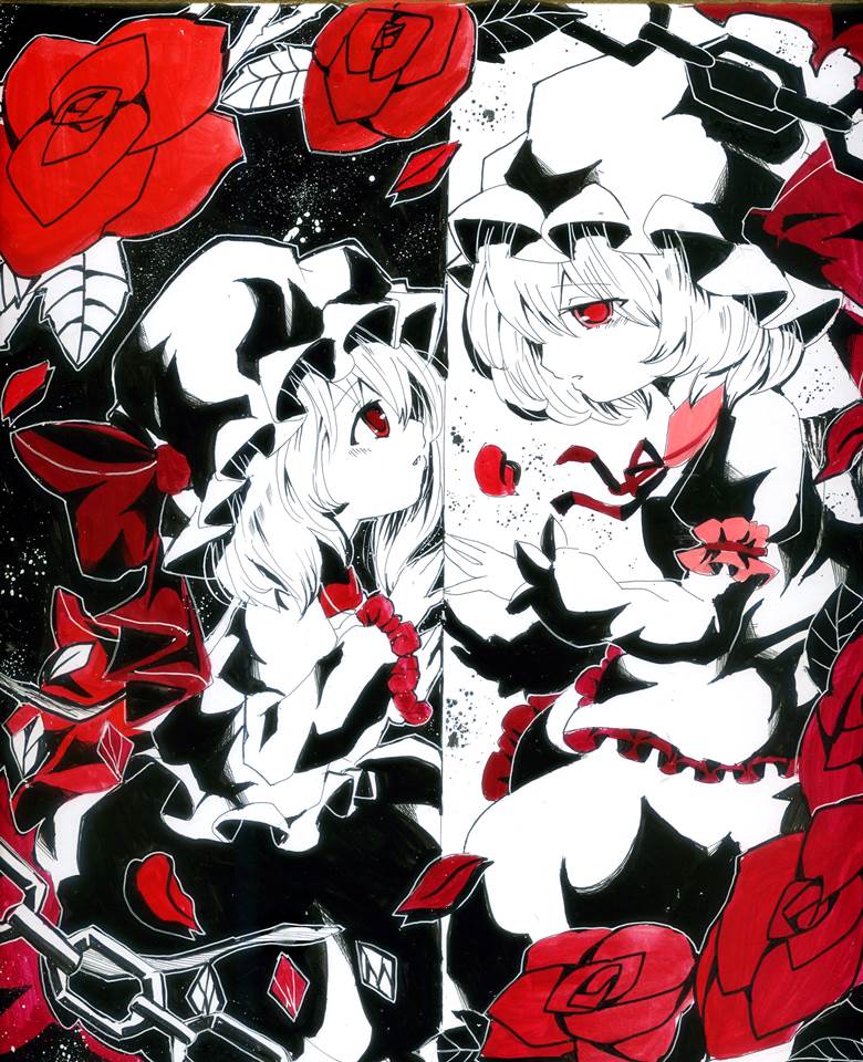 hand-drawn illustration, 东方, 手绘, 芙兰朵露, 蕾米莉亚, 斯卡蕾特姐妹, 背德组（蕾芙）