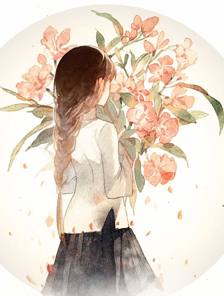 original works, watercolor, young girl, 背影, 麻花辫, 花和女孩子, 原创, 原创5000users加入书籤