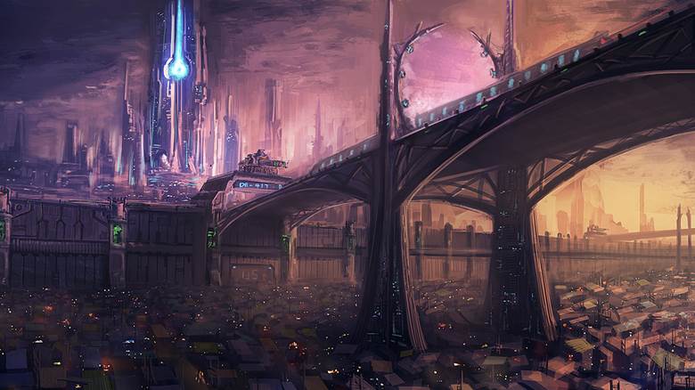 modern city vs slums|mrainbowwj的桥梁风景插画图片