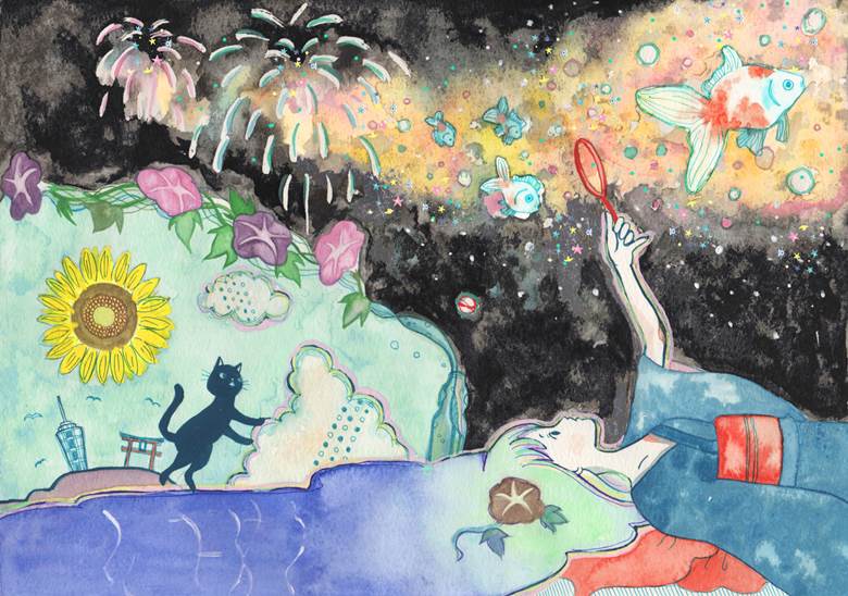 acrylic gouache, 夏天, watercolor, Enoshima, 焰火, 金鱼, 太美了