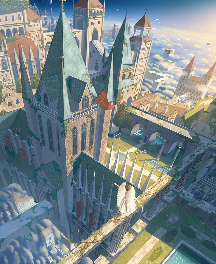 超现实主义的空中漂浮的城市插画图片