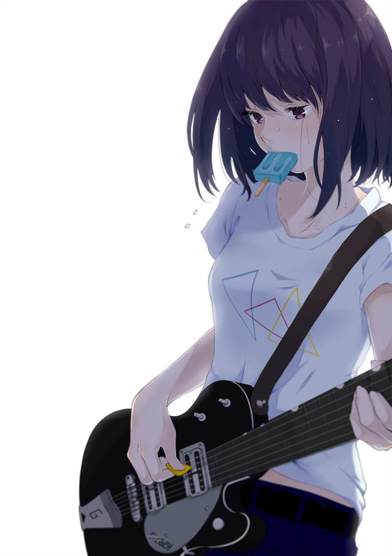 女孩子, 吉他, ice cream, 牛仔裤