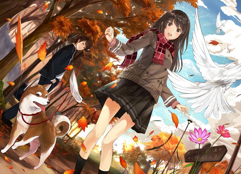 creation, original, girl, boy, uniform, black socks, autumn leaves, shiba inu, dog and girl, original 5000+ bookmarks