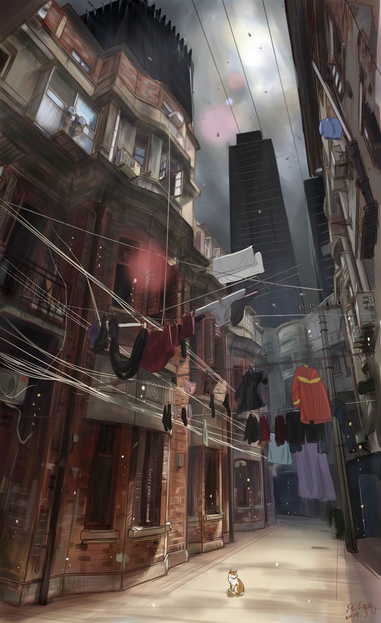 Old street in Wuhan city|炭涂的Pixiv风景壁纸插画图片