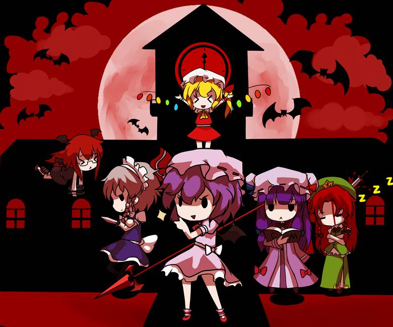 东方, 东方Project, chibi, 芙兰朵露・斯卡蕾特, 蕾米莉亚·斯卡蕾特, 帕秋莉·诺蕾姬, 红美铃, sakuya izayoi, 小恶魔