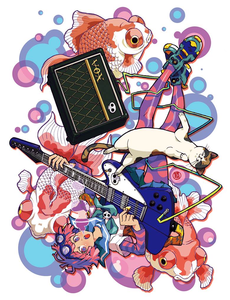 原创, electric guitar, 金鱼, 水手服, bob cut, 粉色头发