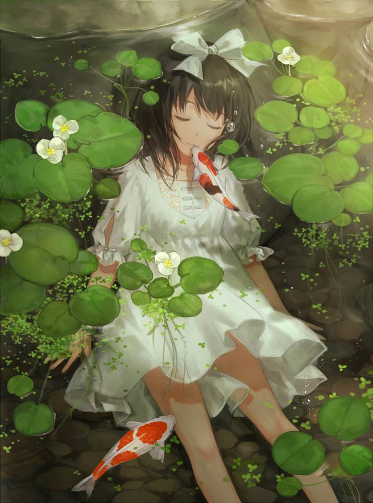girl, pond, original, Koi, underwater, ophelia, white dress, Original 50000+ bookmarks