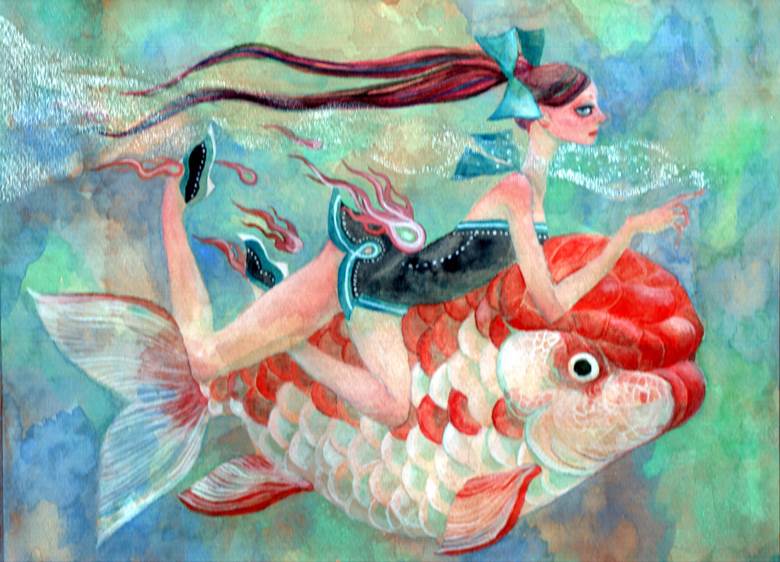 goldfish, young girl, twin ponytails