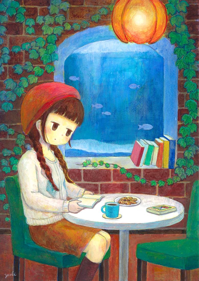 水槽のある吸茶店|泽田有季的麻花辫少女插画图片