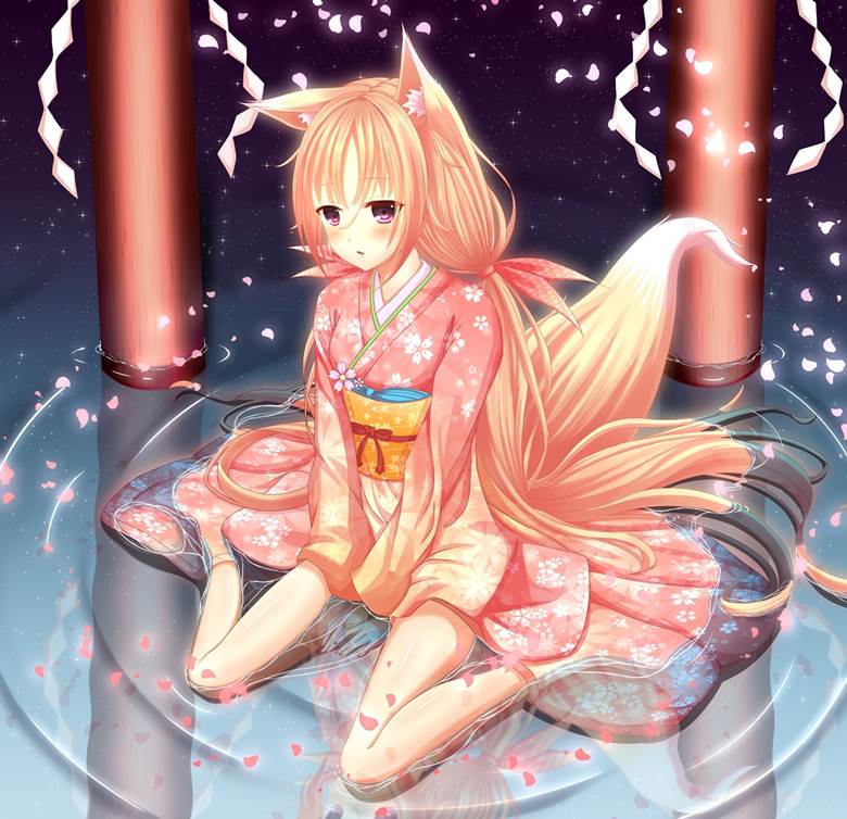 original, 兽耳, 女孩子, young girl, moe, 可爱, 和服, foxgirl, 和风, Starry Sky Dress