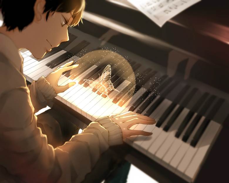 钢琴少年|猫怒怒的帅哥插画图片
