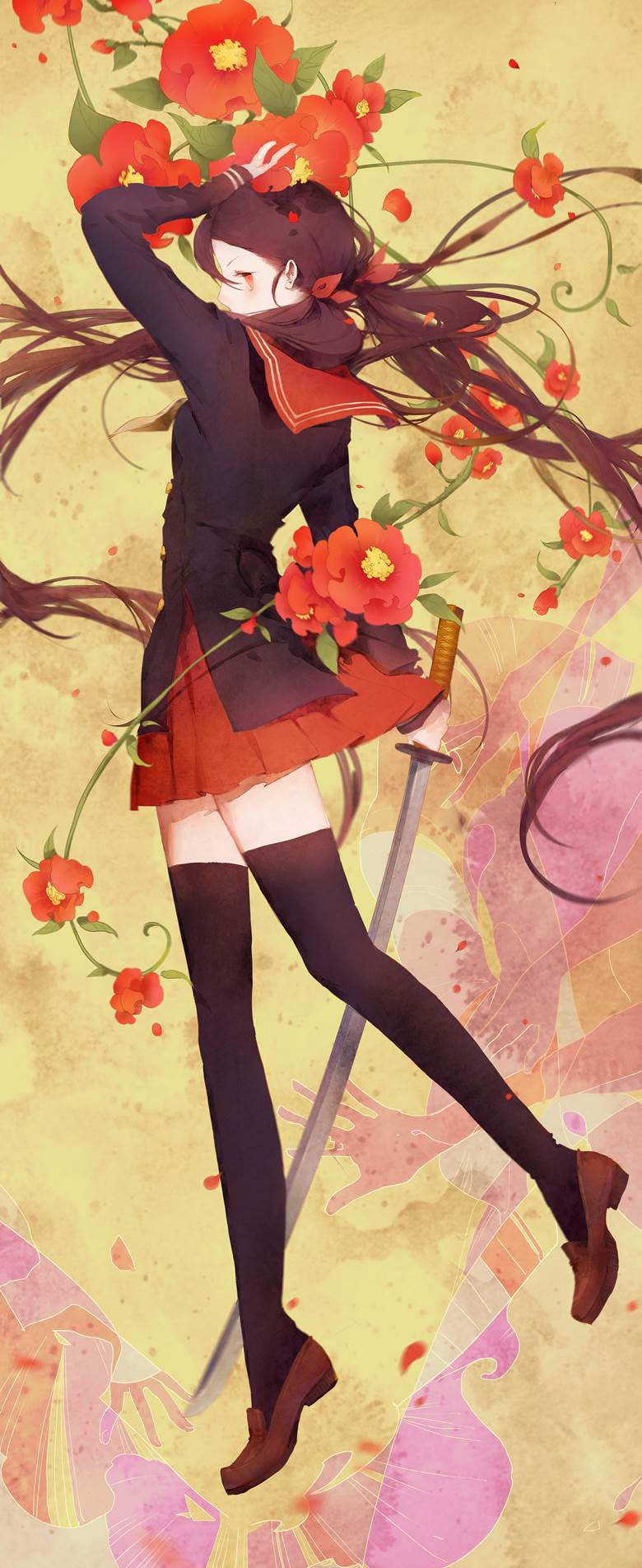 flower, 和风, young girl, Japanese sword, school uniform, twin ponytails, 原创1000users加入书籤