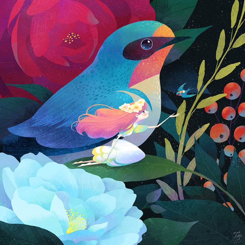おやゆび姫 と おやゆび姫|小油画/LittleOil的小鸟动物插画图片