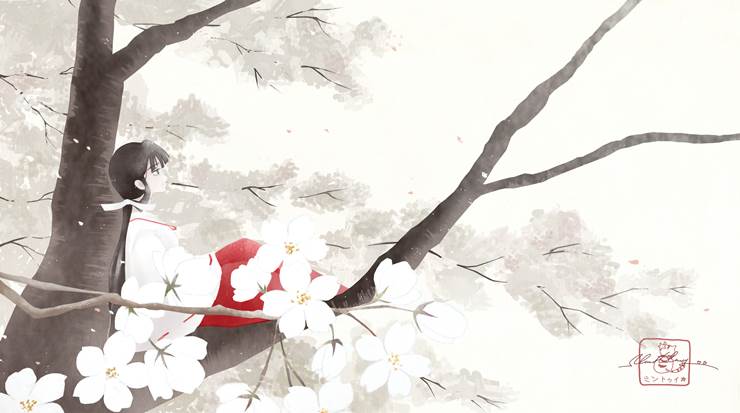 inuyasha, Kikyo, Kikyo (Inuyasha), miko, 樱, spring, wtf this is beautiful, sitting on a tree branch