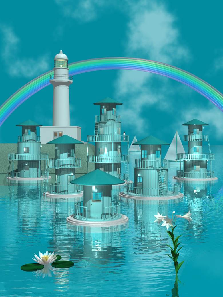 岬の灯台と渚のハウス|m_kato的Pixiv高清风景插画图片