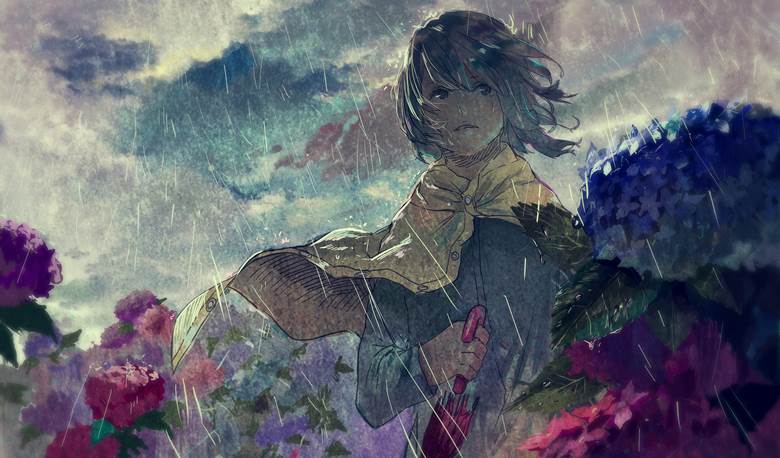 original, girl, rainy season, hydrangea