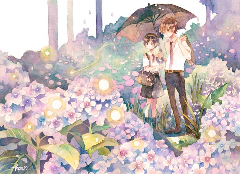 原创, transparent watercolor, 紫阳花, 原创男女角色, rainy season look, 伞, Original 250+ bookmarks