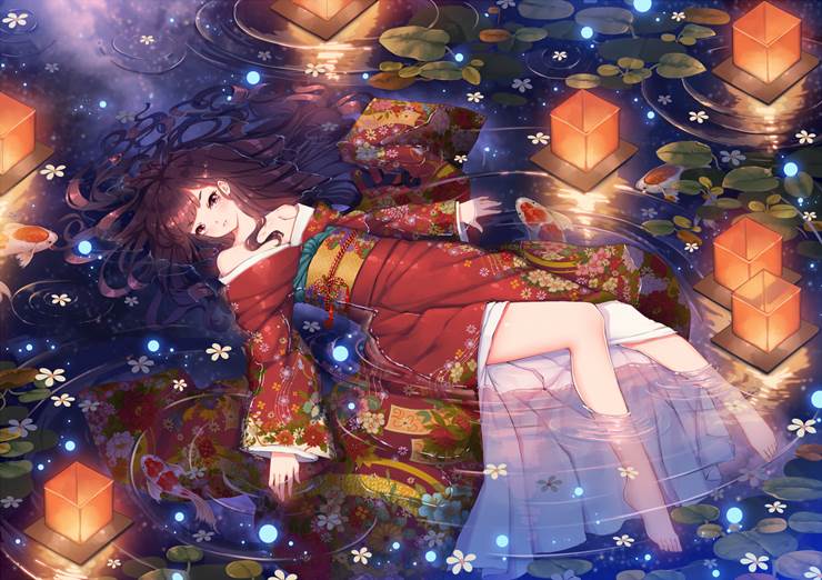 original, 原创, 此女体美哉, Starry Sky Dress, 和服, 原创1000users加入书籤, Koi, ripples, water surface