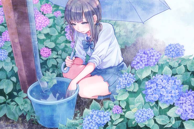 忧鬱なのは梅雨のせい|铃原センチ的紫阳花插画图片