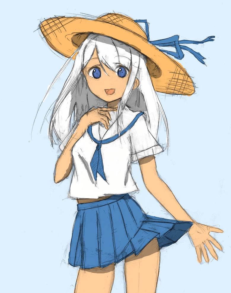 水手服, 草帽, 小麦色, gray hair, 原创