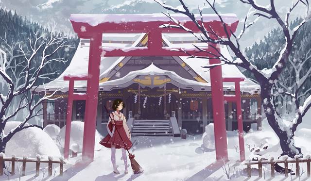 miko, 风景, 女孩子, 原创, Torii, snow, shinto shrine, broom, 风景100收藏