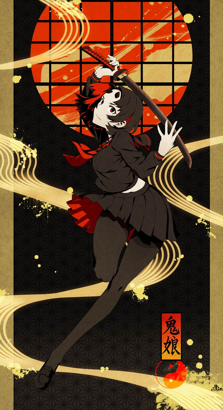 original, girl, sailor uniform, demon girl, black sailor uniform, Japanese sword, red and black