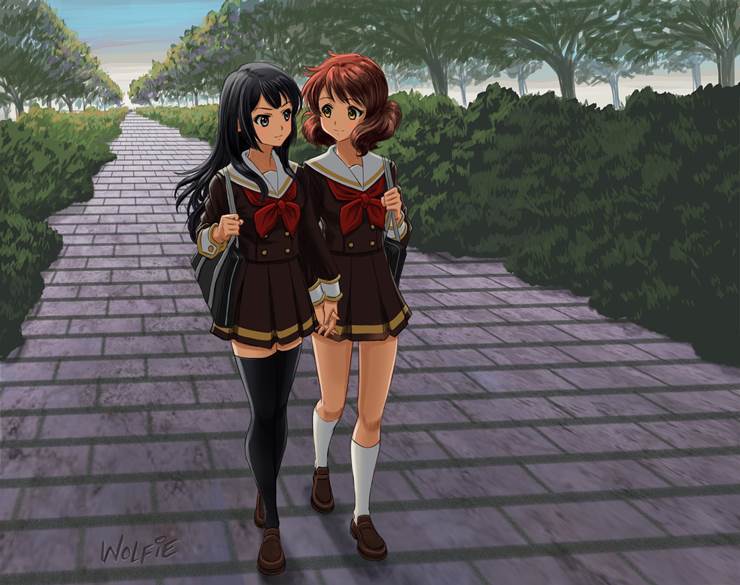 Kumiko Oumae, Reina Kousaka, KumiRei, Sound! Euphonium, white knee socks, holding hands with fingers interlocked