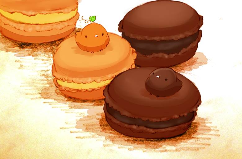 かぼちゃマカロンとチョコマカロン|チャイ的Pixiv甜点小鸡插画图片