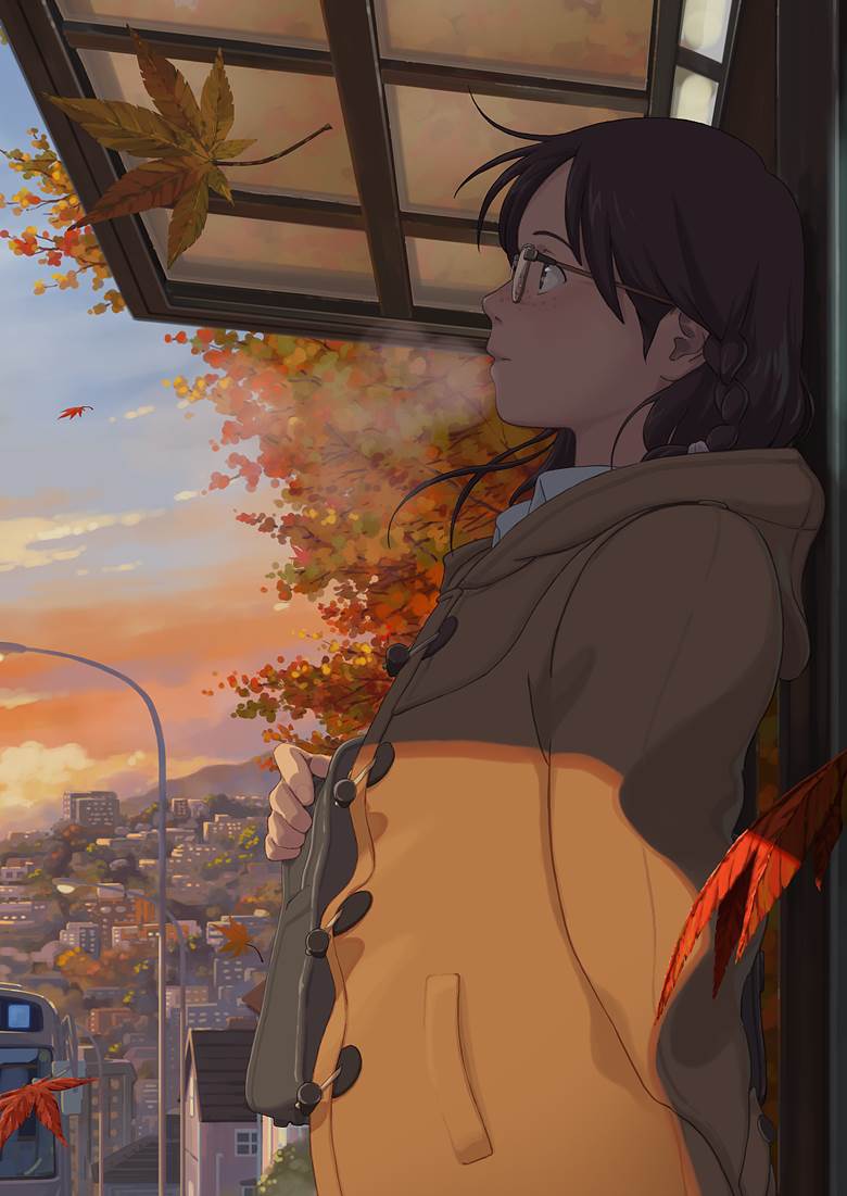 autumn, sunset, autumn leaves, duffle coat, freckles, girl with glasses, Original 500+ bookmarks