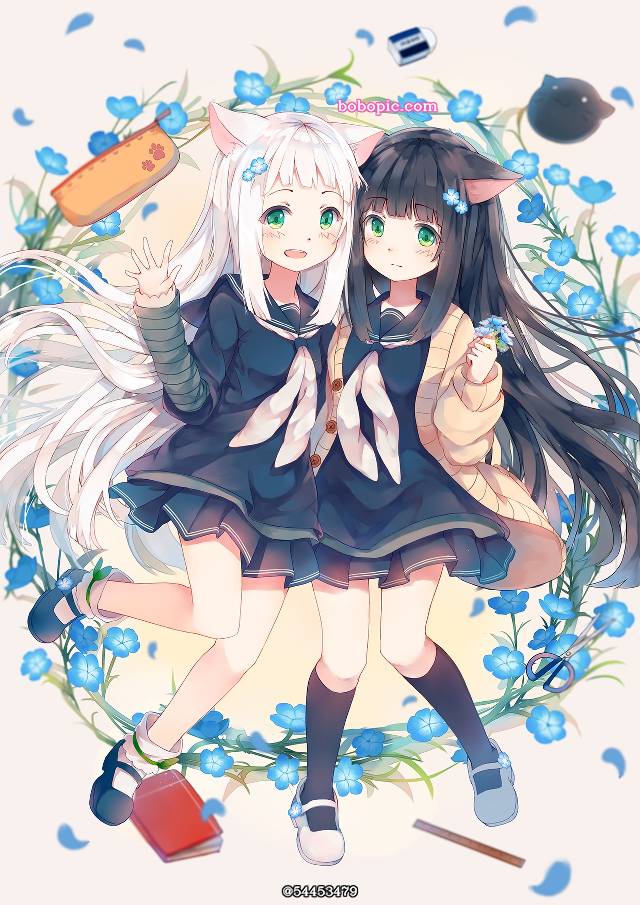 一张黑和白,制服,花,猫耳,黑生,双胞胎,眼镜绘画图片