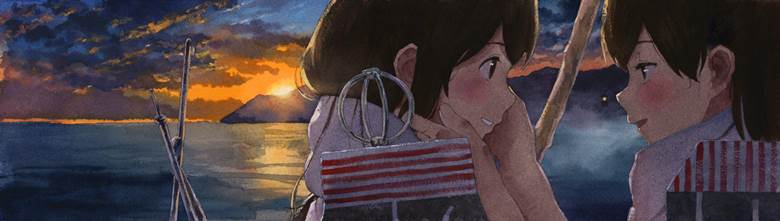 透明水彩赤加贺（夕烧け）|シジュウカラ的围围巾的人物插画图片