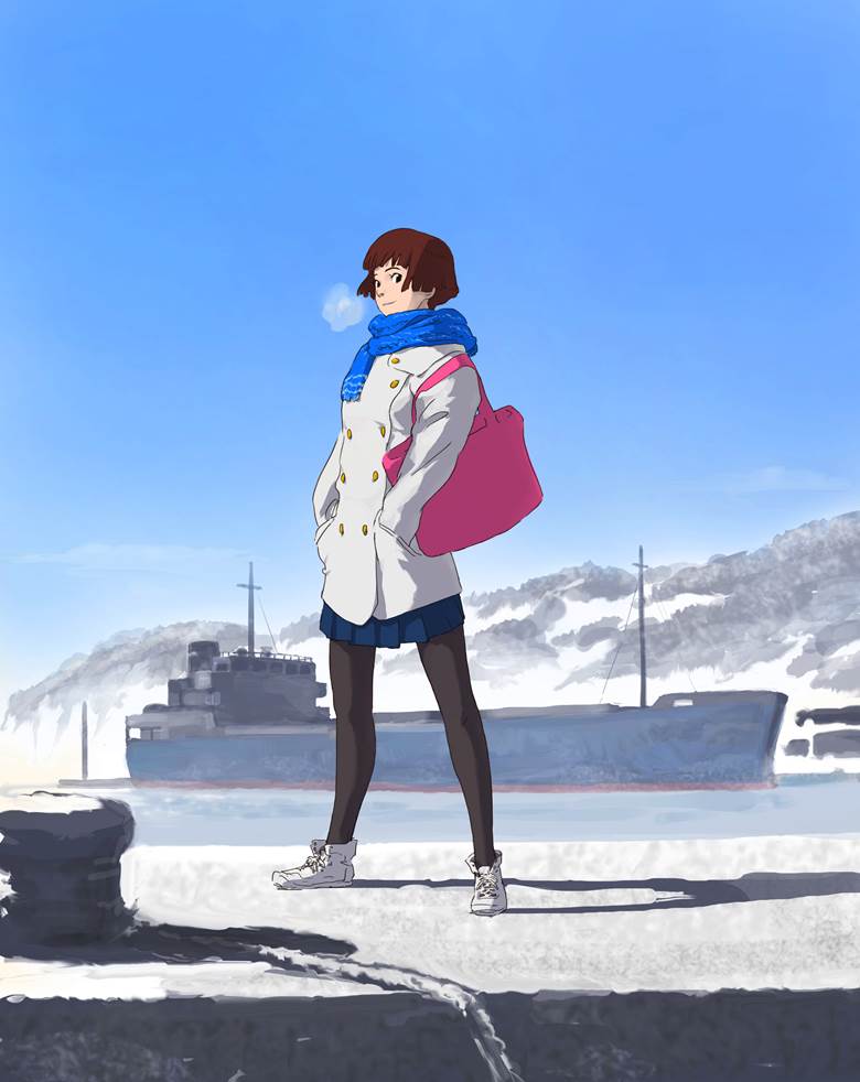 吉卜力, 悬崖上的金鱼姬, Lisa, 风景, harbor, sea, coat, winter, 女孩子, 黑裤袜