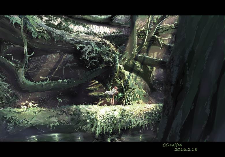 林中少女|冷色调咖啡的pixiv风景插画图片