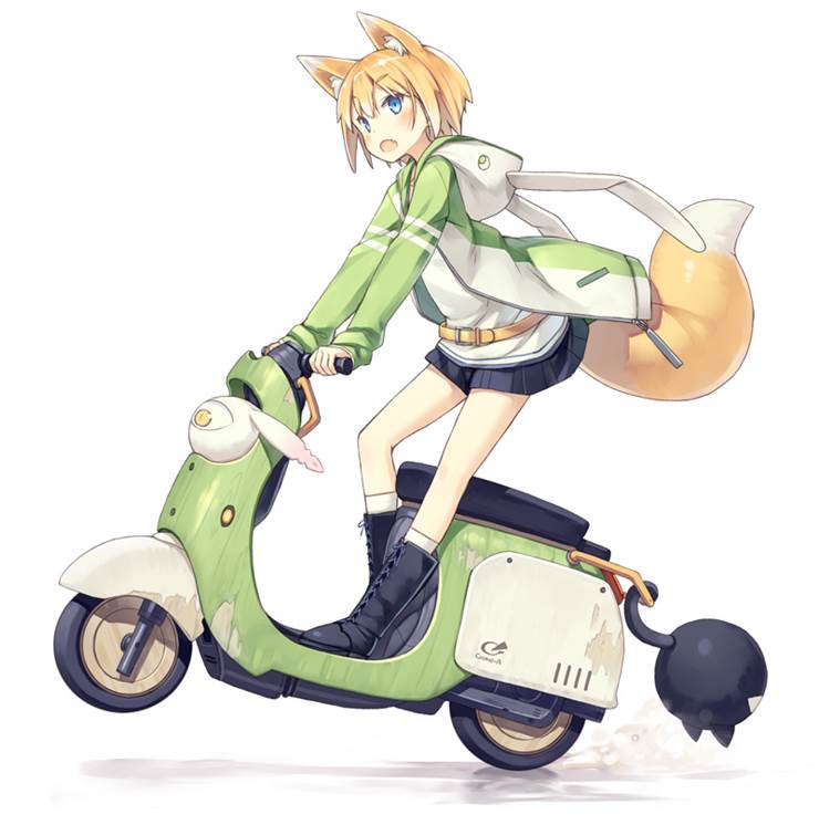 木制踏板车|插画师室埴ポコ的狐耳插画图片