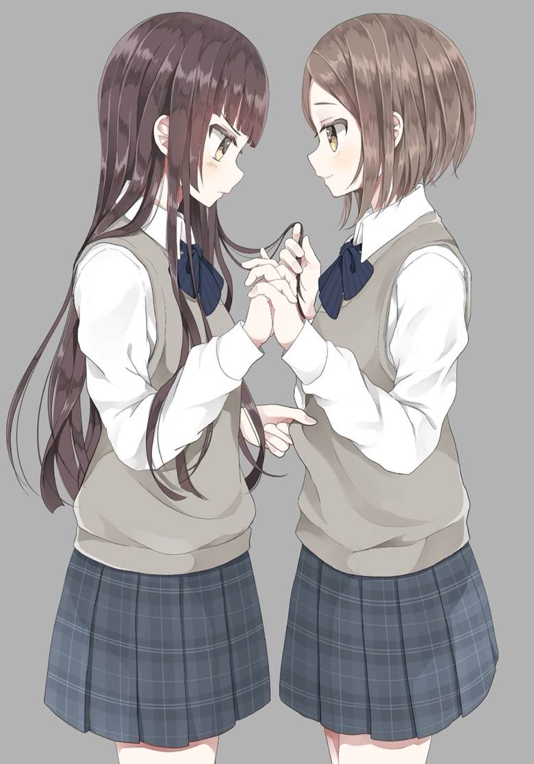 uniform, 女高中生, 女孩子, yuri, 白皮肤, holding hands with fingers interlocked, 黑长直, brown haired bob, 百合1000收藏