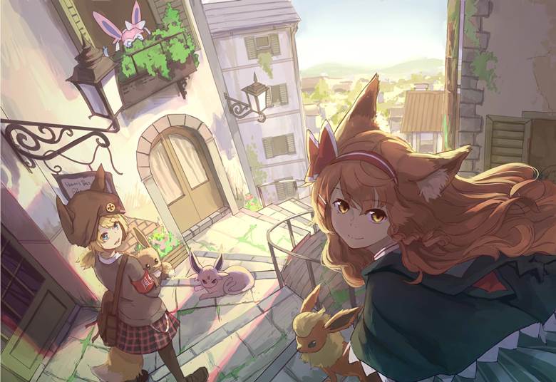 [ポケモンXY]狐狸姐妹与卡洛斯的下午|YUTTOU的Pixiv风景壁纸插画图片