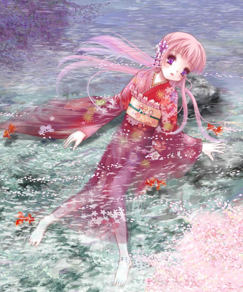 sakura, kimono, goldfish, girl, Millais' Ophelia