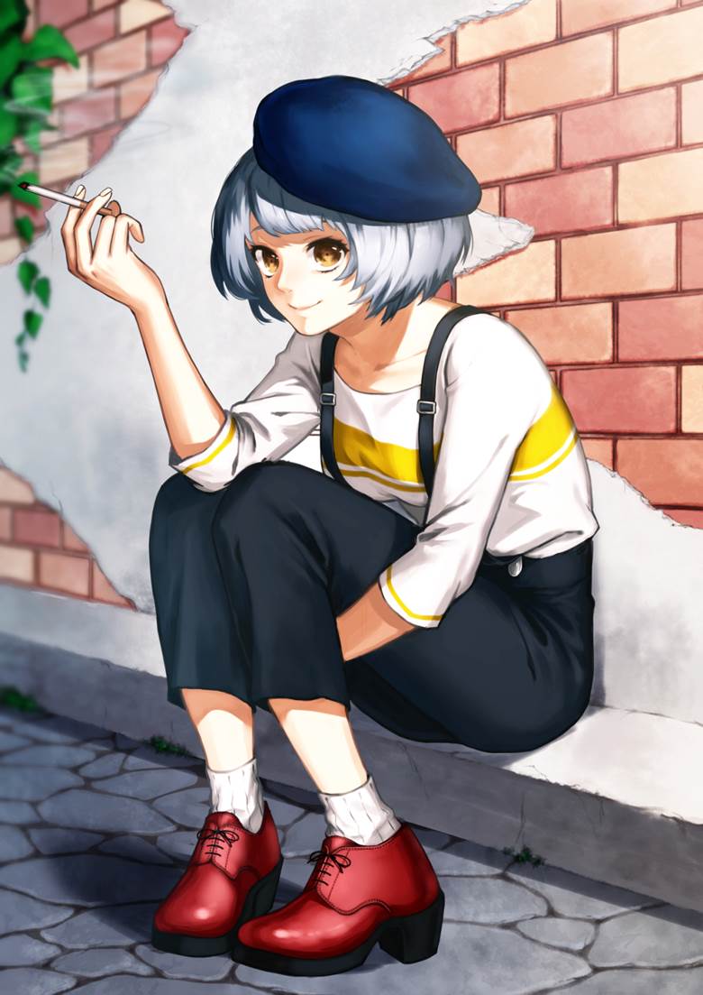 原创, fashion, overalls, short boots, 贝雷帽, 香烟, 波波头