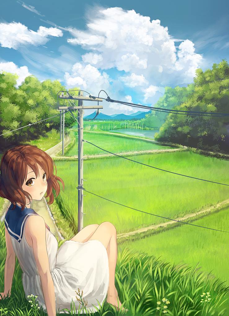 Kumiko Oumae, 吹响吧！上低音号, 夏天, paddy field, barefoot school uniform, 夏日天空