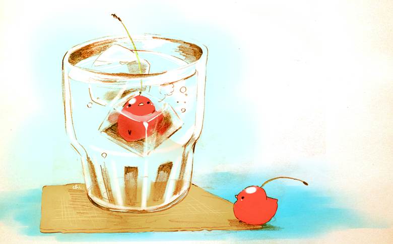 溶けかけ氷|チャイ的樱桃水果插画图片