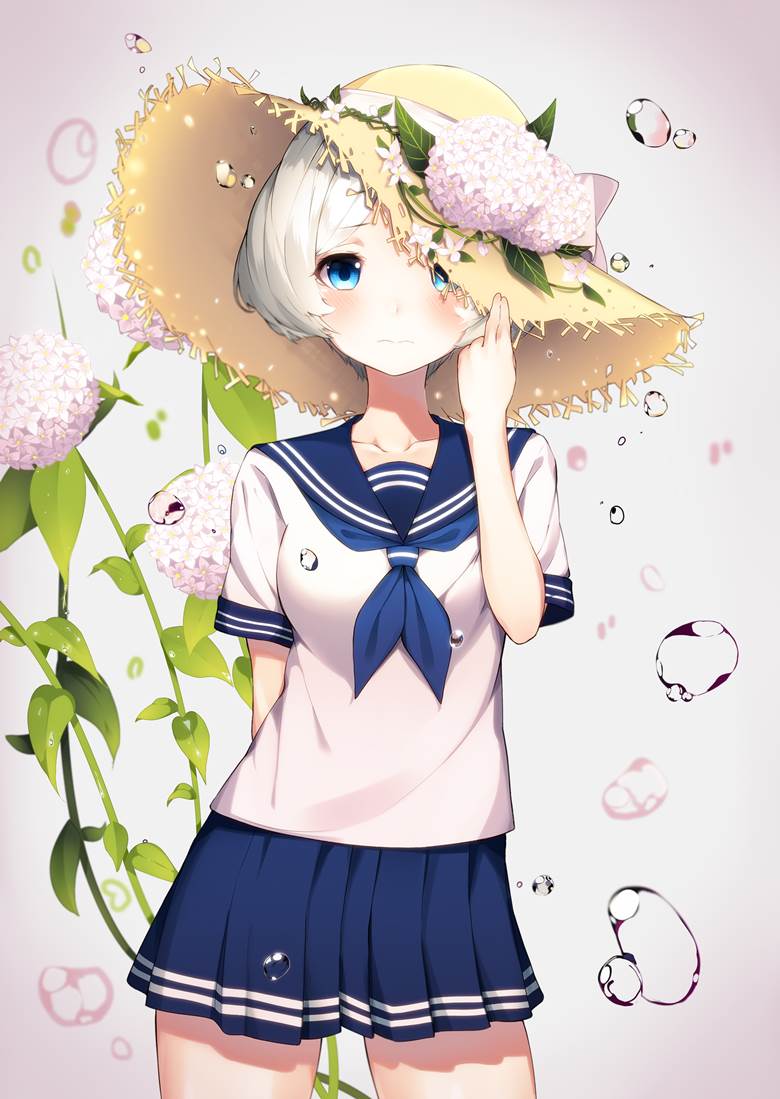 uniform, straw hat, hydrangea, water drops, original, white hair, original 1000+ bookmarks