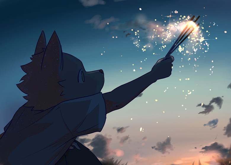 焰火, 野兽, furry, 夕阳, night sky