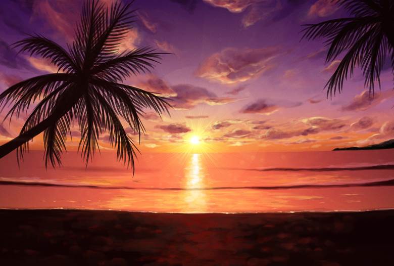 南の岛の日暮れ|いらけんっ的夕阳风景插画图片
