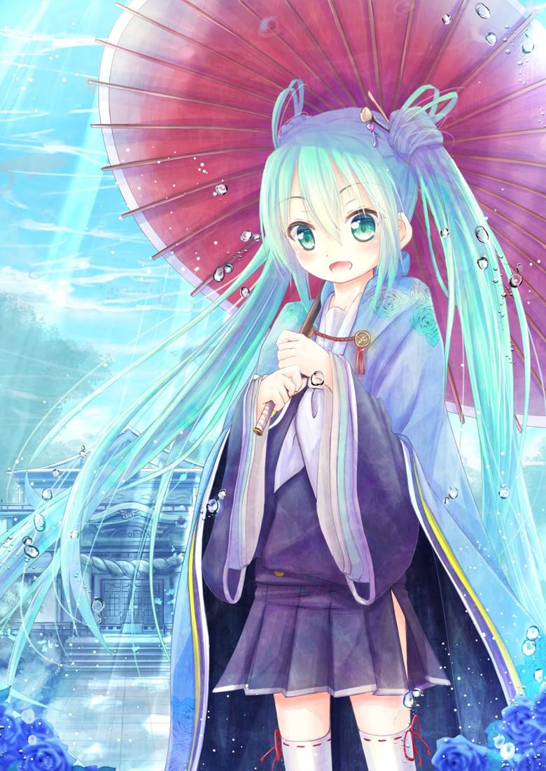 Vocaloid, 初音未来, 和风, cloak, VOCALOID 100收藏, Japanese umbrella, raincoat